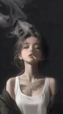 闭着眼睛，纹身美女，抽烟，仰着头，颓废感AI美女小姐姐手机壁纸图片