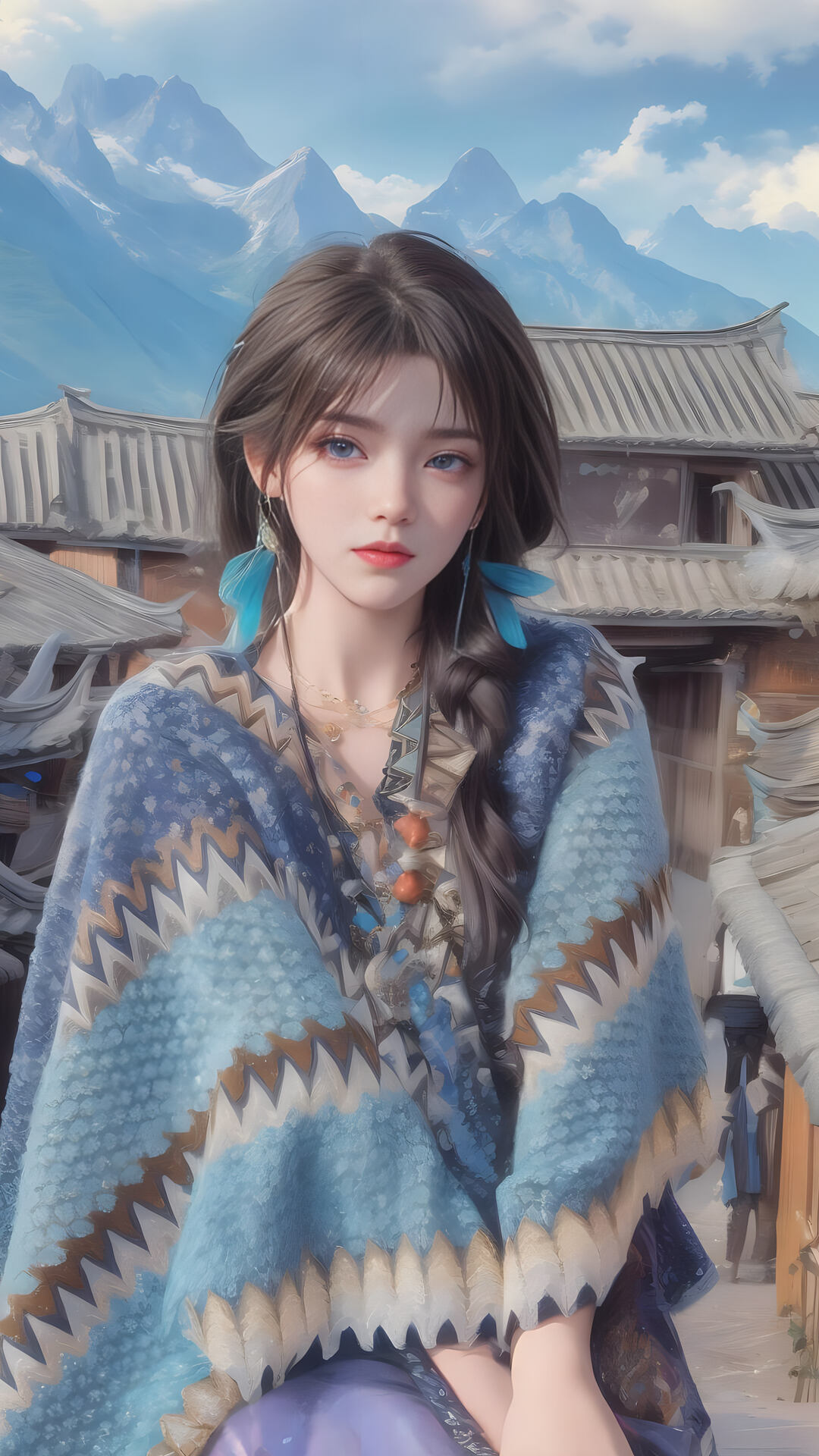 民族风 穿着藏服服饰的AI美女唯美插画手机壁纸图片