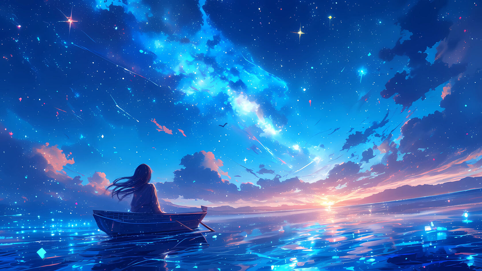 大海，小船，少女，浪漫星空，荧光，日落，唯美少女动漫插画壁纸