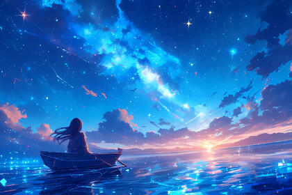 大海，小船，少女，浪漫星空，荧光，日落，唯美少女动漫插画壁纸