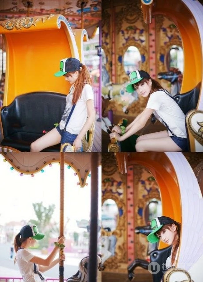 肩带牛仔裤可爱女生清新街拍照片