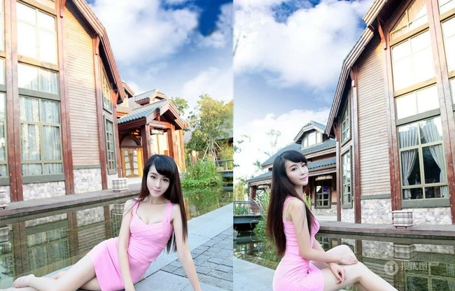 粉色紧身连衣裙白皙女生图片