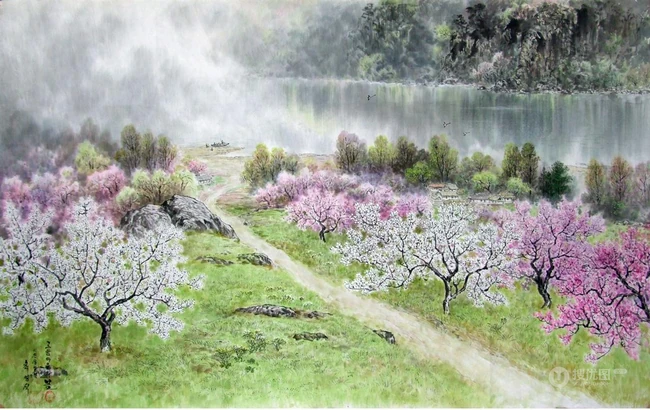 唯美春天水墨插画背景~乡野 第1张