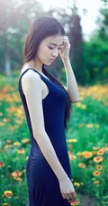 长发及腰女生花间写真-花美人更美