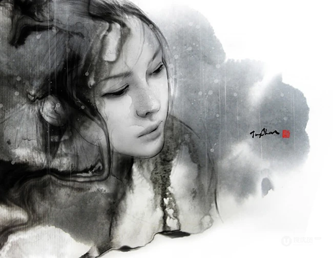 唯美人像水墨插画背景图-Jungshan水墨绘画的艺术