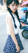 长辫子亚洲女孩夏日街拍唯美写真 西瓜冰淇淋尽享清凉