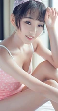 亚洲甜心宝贝室内-粉色白点背心清纯女孩室内写真