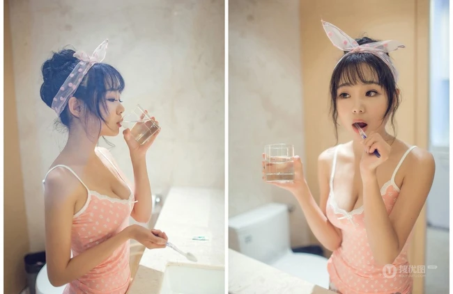 亚洲甜心宝贝室内-粉色白点背心清纯女孩室内写真