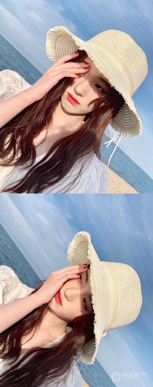 女生鞠婧祎一袭白裙装扮海边沙滩游玩写真照片