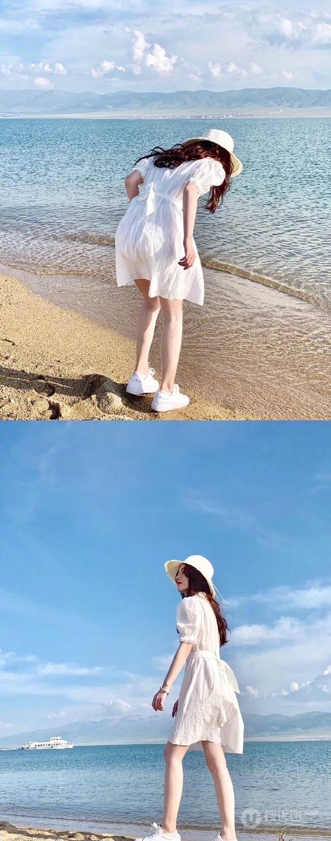 女生鞠婧祎一袭白裙装扮海边沙滩游玩写真照片