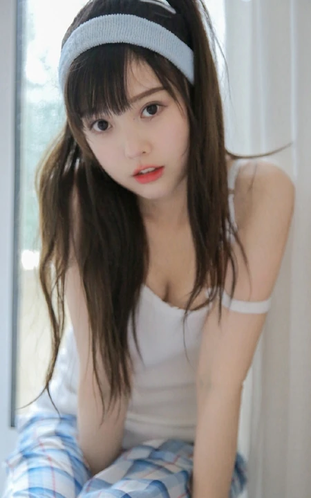 鹅蛋脸马尾辫女生钟曼菲气质肩带家居服唯美写真图片