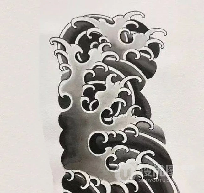 个性霸气的云朵、浪花、海浪等男生黑白纹身图案 第3张