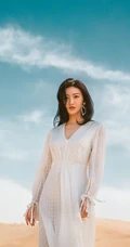 景甜着白裙沙漠舞动红纱唯美写真 最近很流行红色纱巾啊！