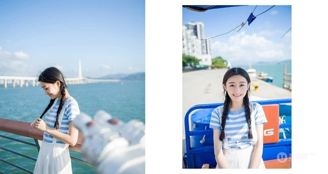 清新萌妹海边渡口休闲写真