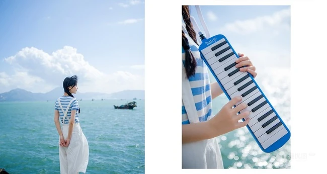 清新萌妹海边渡口休闲写真