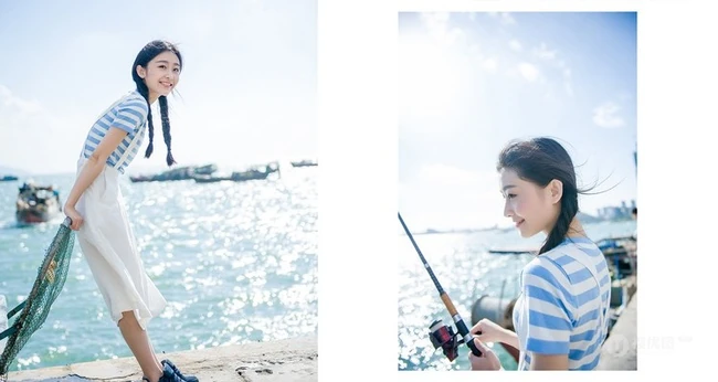 清新萌妹海边渡口休闲写真