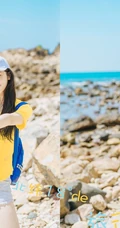 高颜值少女海礁石中戏水，黄衣短裤清新靓丽