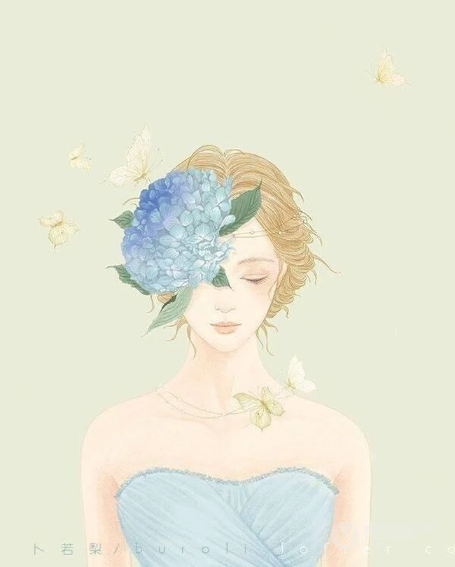 戴花的露肩装女人手绘美图，美美的感觉很仙女
