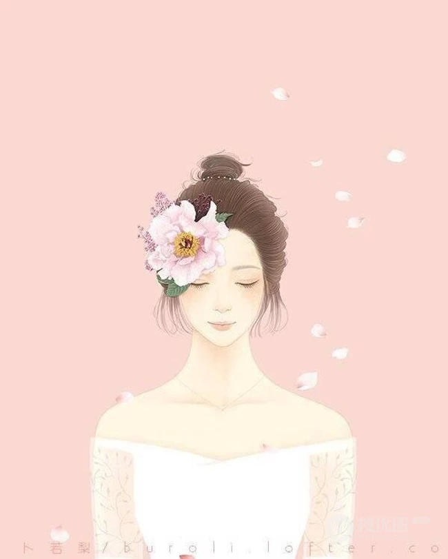 戴花的露肩装女人手绘美图，美美的感觉很仙女