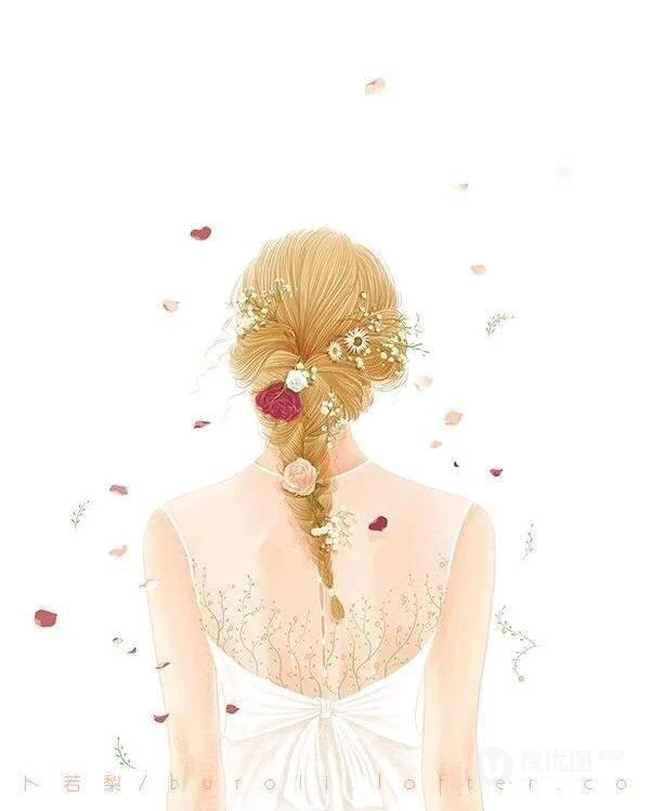 戴花的露肩装女人手绘美图，美美的感觉很仙女