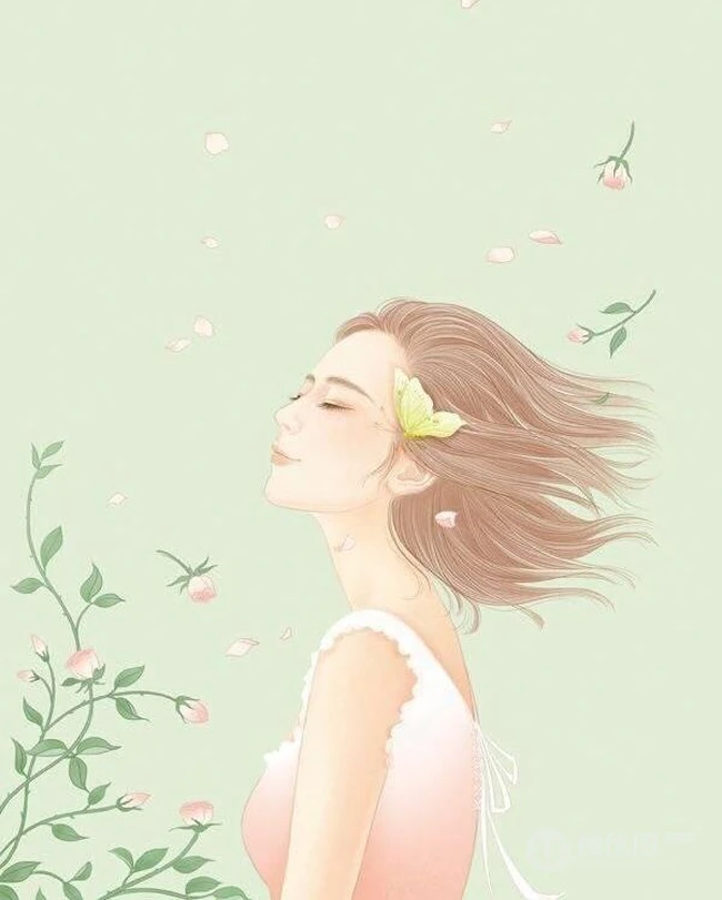 戴花的露肩装女人手绘美图，美美的感觉很仙女