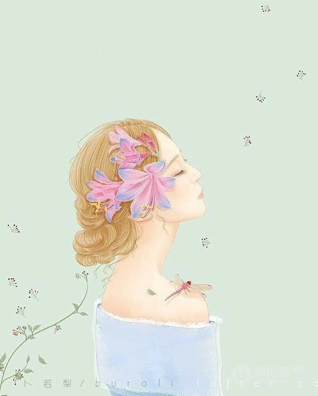 戴花的露肩装女人手绘美图，美美的感觉很仙女