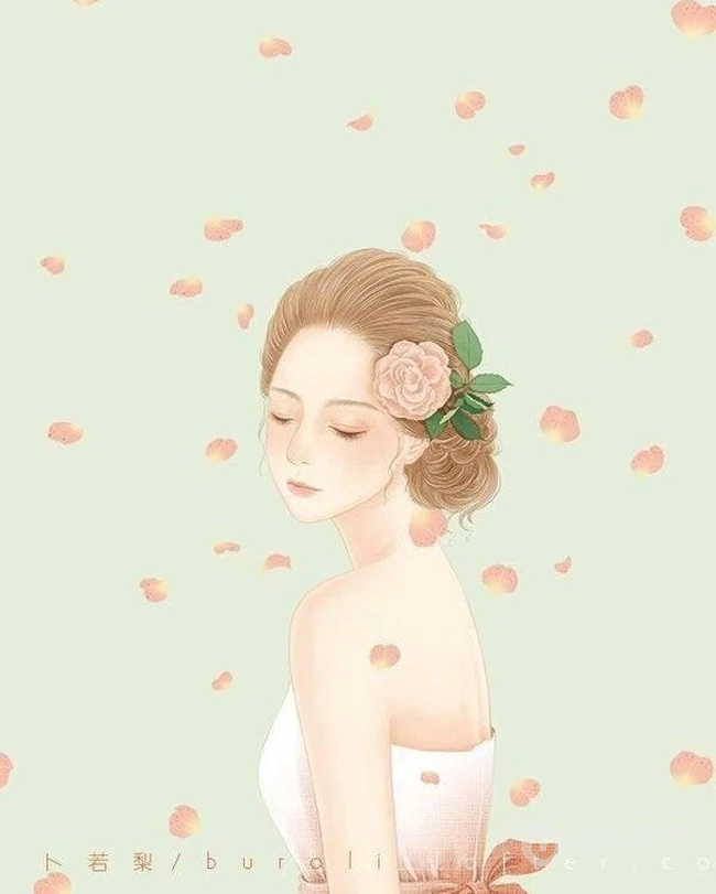 戴花的露肩装女人手绘美图，美美的感觉很仙女