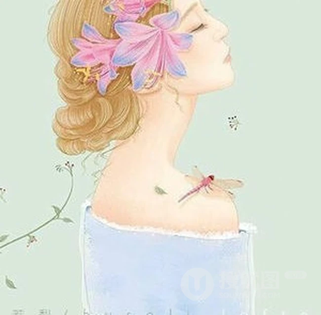 戴花的露肩装女人手绘美图，美美的感觉很仙女