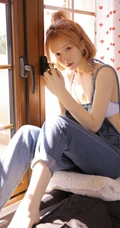 精选清新纯美肩带牛仔裤家居服少女唯美室内写真