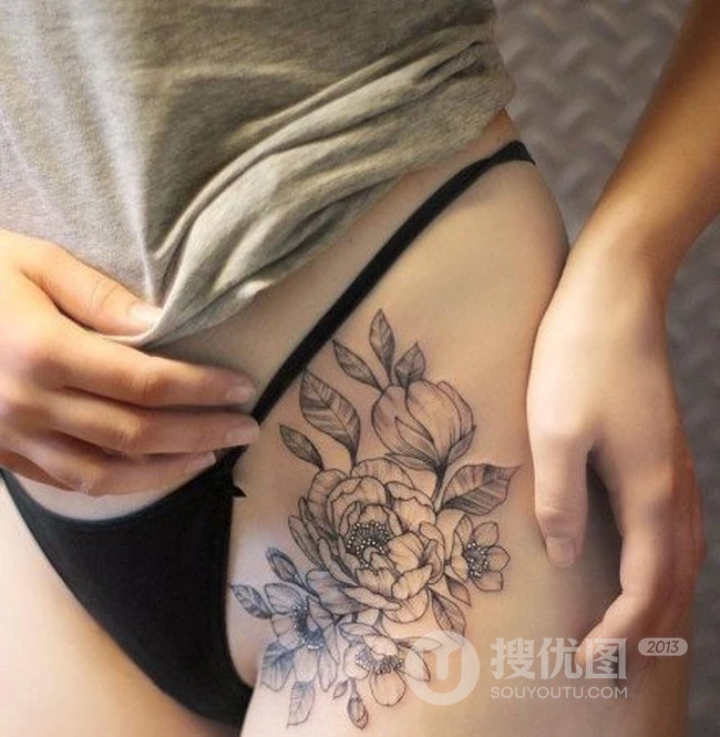 女生大腿外侧线条设计感十足的个性大图案纹身图片 第9张