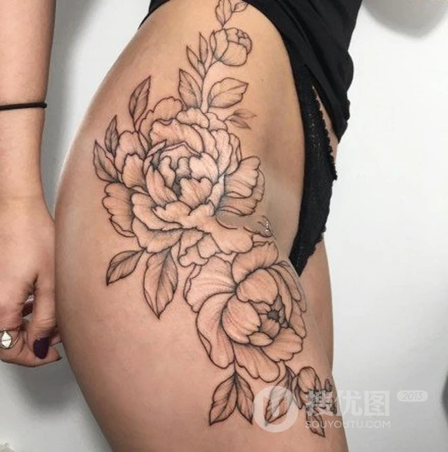 女生大腿外侧线条设计感十足的个性大图案纹身图片 第6张
