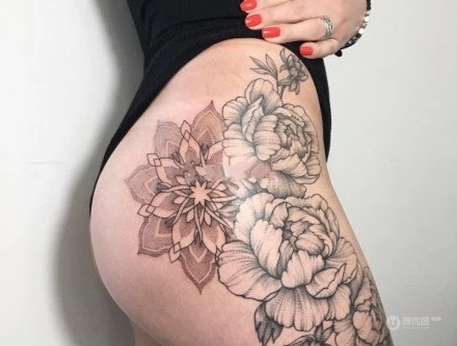 女生大腿外侧线条设计感十足的个性大图案纹身图片 第5张