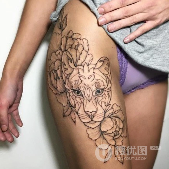 女生大腿外侧线条设计感十足的个性大图案纹身图片 第8张