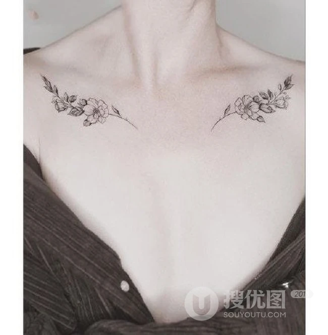 女生锁骨与颈部简单个性唯美树枝小图案纹身 第5张