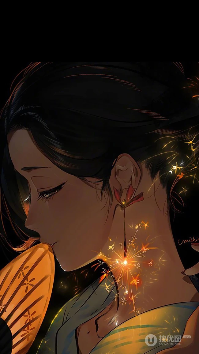 二次元，古风，手拿纸扇的古装女人手机壁纸