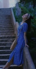 陈瑶小山村旅拍写真，蓝色碎花连衣裙清新唯美