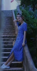 陈瑶小山村旅拍写真，蓝色碎花连衣裙清新唯美