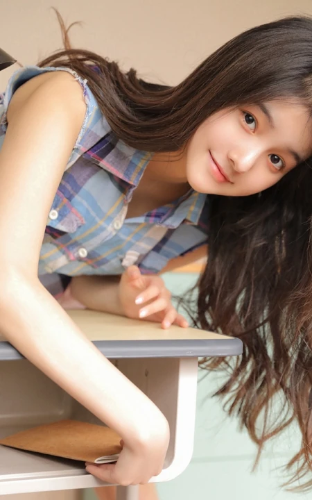 古灵精怪的女孩，穿着清爽的格子衬衫，边学习别拍写真