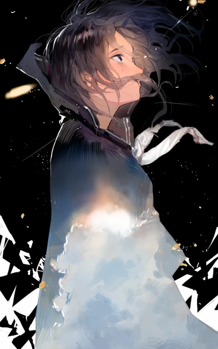黑夜星空下的少女，随风飘摇的秀发，唯美二次元
