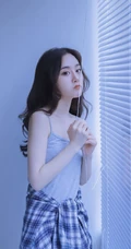 百叶窗帘后的精选白皙女生室内写真，灰色的背心也好看