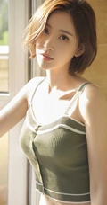 高颜值小脸蛋短发女生 气质背心短裤线条感室内写真