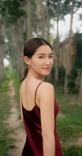 苏青漫步林间化身森系少女，肩带红裙着身美背动人