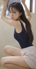 气质又可爱的蓝色背心短裤少女室内浴室清透气质写真