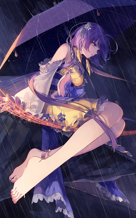 黑夜下雨的场景里，撑伞的女孩坐在海边悬崖上-手机壁纸