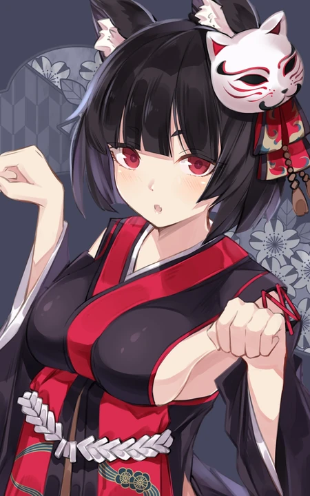 丰满和服美胸带狐狸头饰二次元美少女手机壁纸