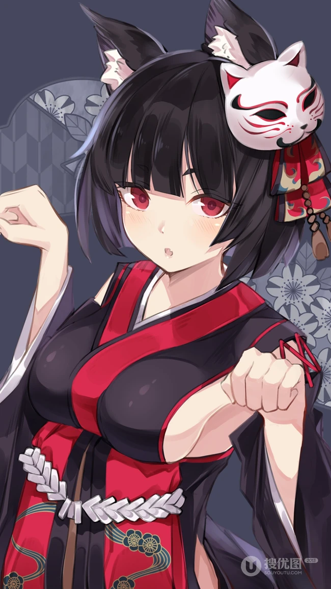 丰满和服美胸带狐狸头饰二次元美少女手机壁纸