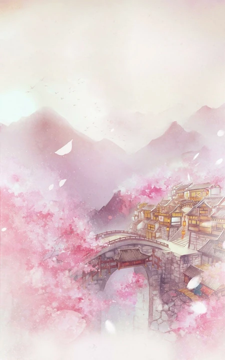 拱桥，城镇，雾蒙蒙的大山和树唯美手机壁纸