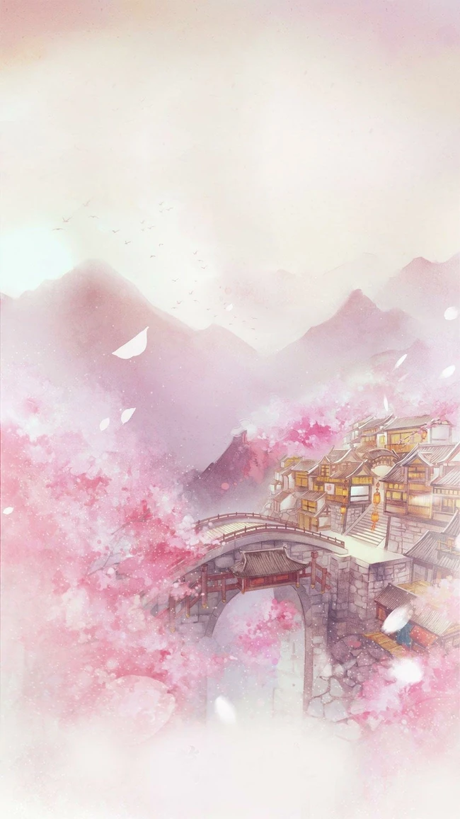 拱桥，城镇，雾蒙蒙的大山和树唯美手机壁纸
