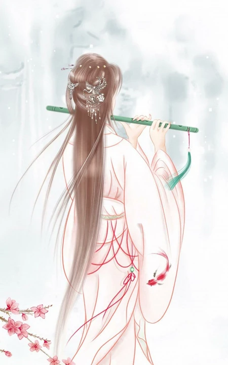 吹箫的古风古装美女背影唯美手绘手机壁纸