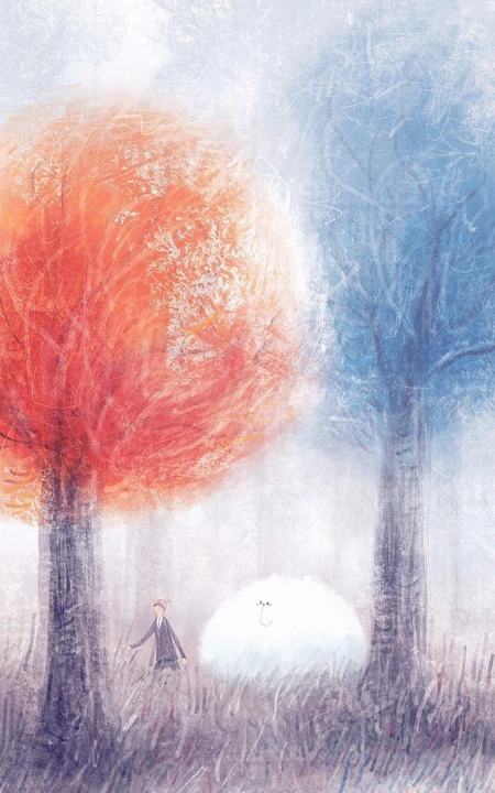 唯美红蓝两棵大树抽象派手绘插画手机壁纸